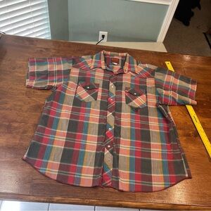 Vintage Rustler red cream plaid button down pearl buttons size XXL x-long tails